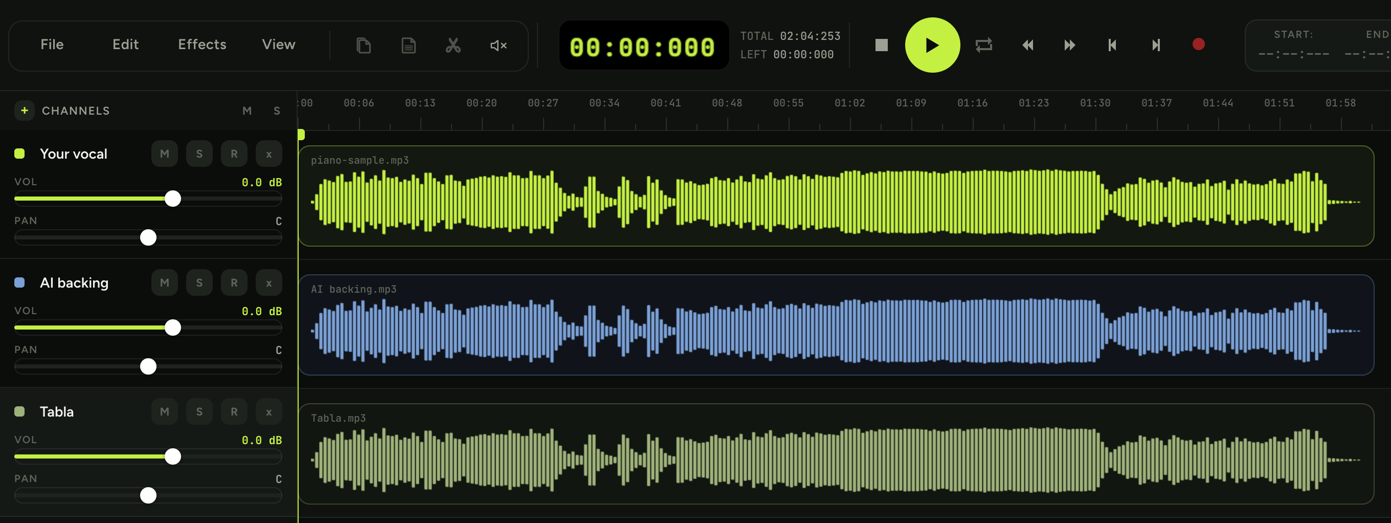Mypaattu Studio multitrack editor — a vocal, AI backing and tabla track laid out on the timeline